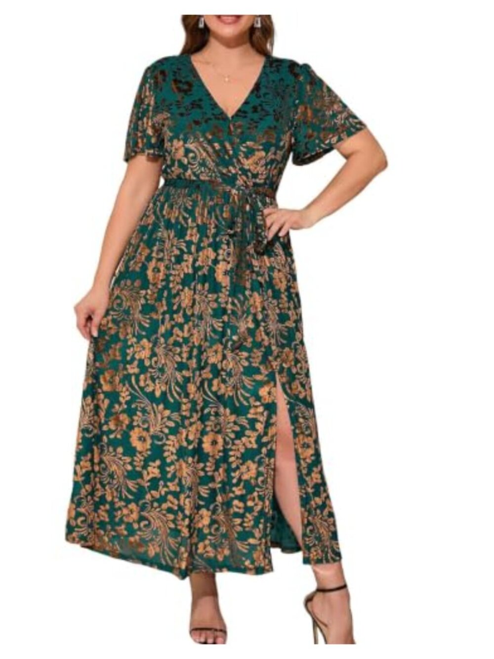 Burnout Velvet V Neck Floral Maxi Dress Flutter Sleeve Wedding Guest